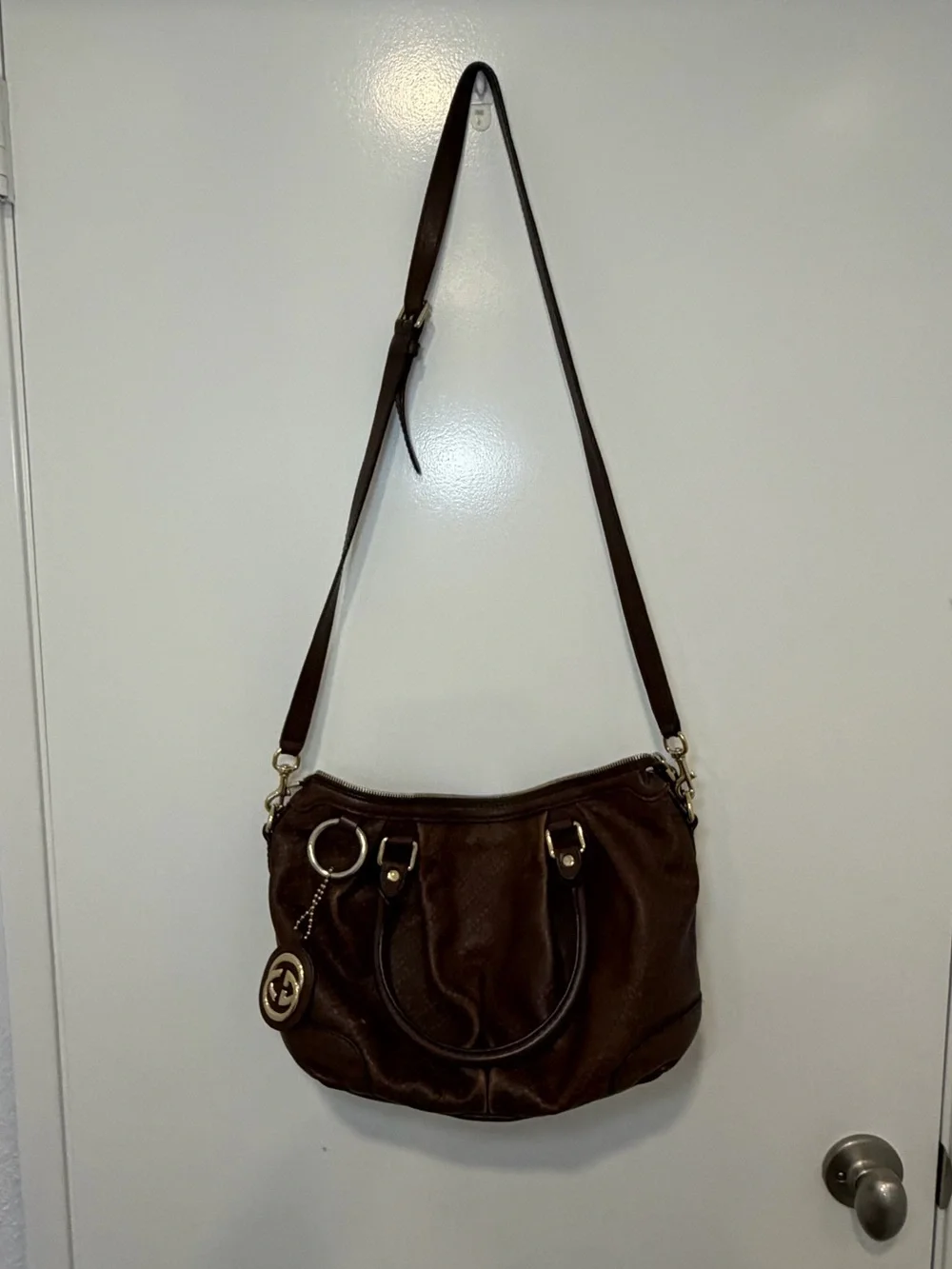 Gucci Sukey Medium Diamante Leather Satchel Brown Shoulder Crossbody Bag